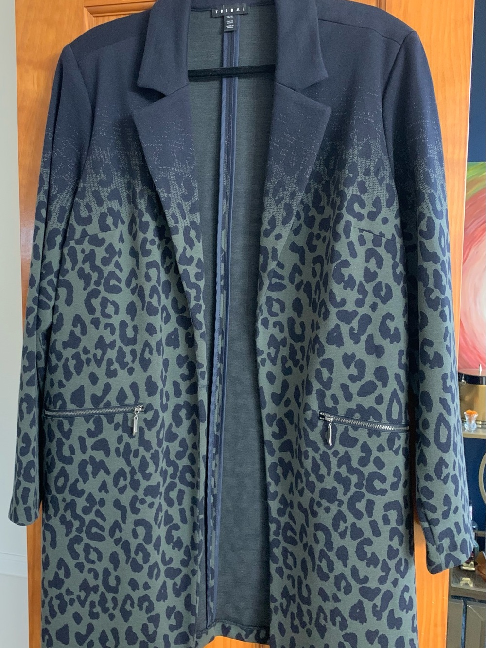 Tribal Navy and Olive Leopard-Print Open Blazer XL